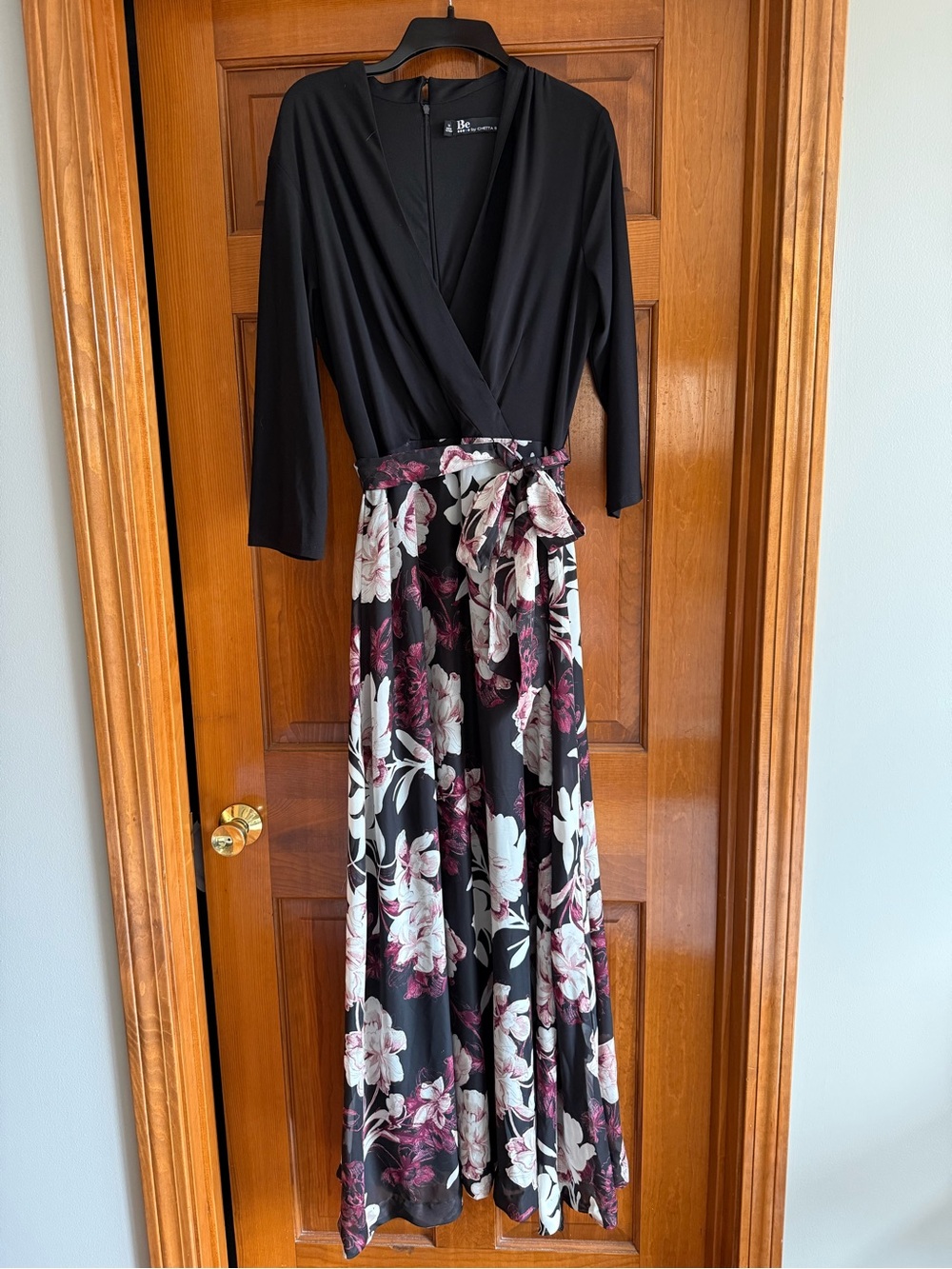 Chetta B Black Maxi Skirt with White and Deep Pink Floral Panel